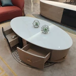 Two-Tone Oval Coffee Table with White Marble Top, High-Gloss Panels and Metal Base